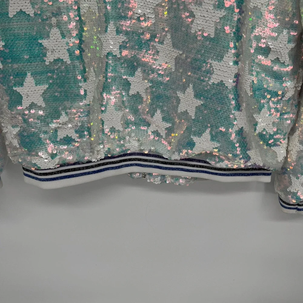 Lola + the Boys Sequins Star Bomber Jacket Kids Large White Iridescent Shimmer